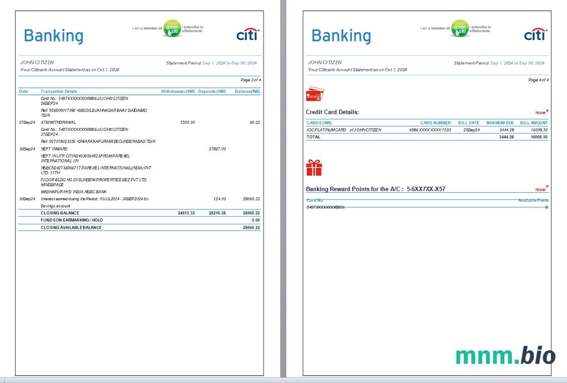 Wyciąg bankowy Citibank w Indiach, 6 stron, 1-2 scr